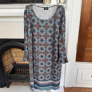 Tacera Plus Size Blue and Brown Geometric Long Sleeve Dress- worn once